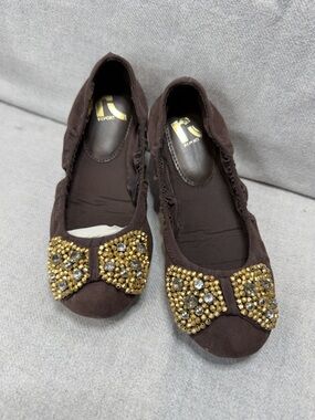 NWOT Report Dark Brown Slip-On Ballet Flats with Gold Accent Bow W5.5